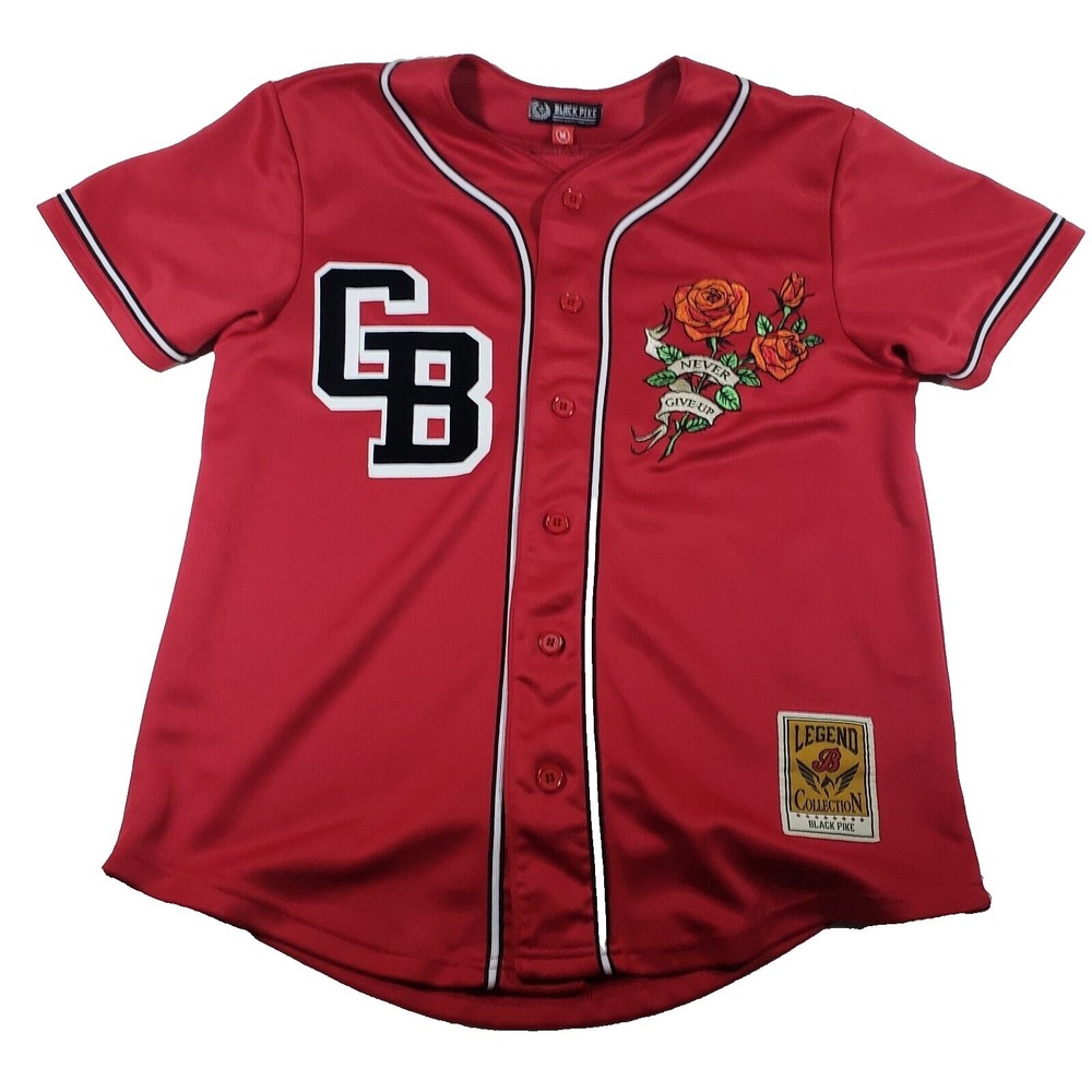 Black Pike Red Never Give‎ Up Rose Graphic Baseball Jersey Mens Medium